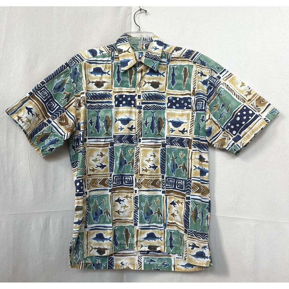 Vtg Kahala Hawaiian Islands Men Fish Block Print Cotton Aloha Shirt Hawaii Sz. M